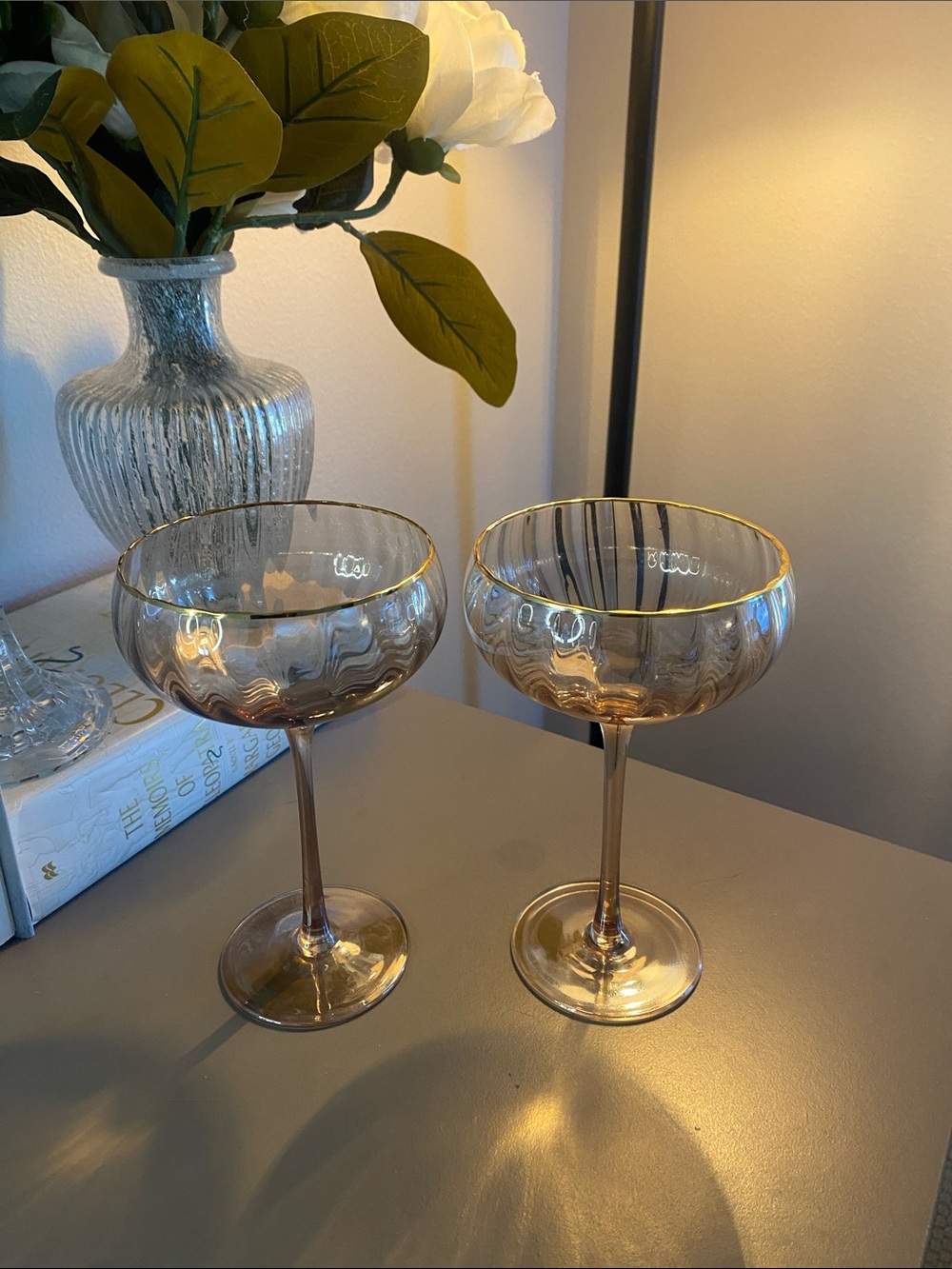 Elegant Amber/Lavender tint Gold Rim Coupe Glasses - Set of 2